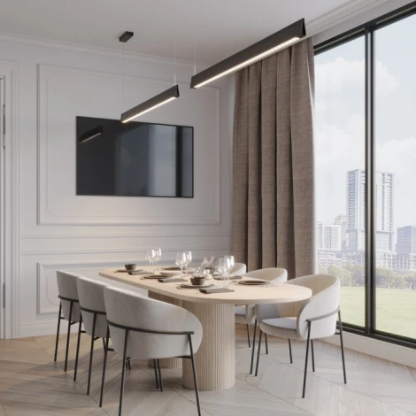 Подвесной линейный светильник Novotech Iter 359550 черный диммир. со сменой цв.темпер. (пульт ДУ/прилож. Smart Life) LED 36W 220V 3000-5700К (регулировка яркости, умный дом - Алиса, Tuya Smart, Smart Life, на тросе)