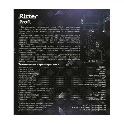 Прожектор уличный светодиодный с датчиком движения PROFI Ritter 53424 6