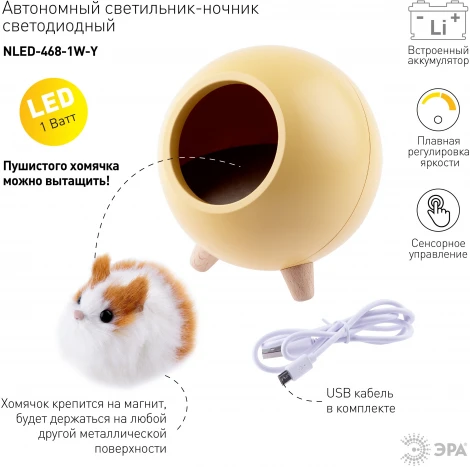 Ночник светодиодный с выключателем регулировкой яркости и зарядкой от USB ЭРА NLED-468-1W-Y