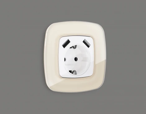 Лицевая панель Ambrella Volt OMEGA (Белый глянец) для розетки с заземлением со шторками 2USB тип A+A QUANT A1090