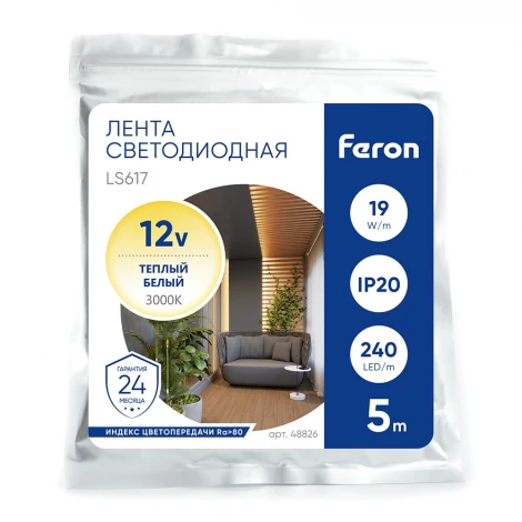 Светодиодная LED лента 240SMD(2835)/м 19Вт/м 12V 3000К Feron LS617 48826