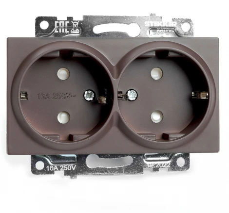 Розетка двойная с заземлением и шторками (коричневый) Stekker Катрин 49030