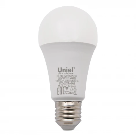 Умная лампа светодиодная Wi-Fi Bluetooth, диммируемая, матовая, 2700-6500K+RGB. Голосовое управление приложение UnielSmart Uniel LED-A60-12W/RGBW/E27/230V/WF/FR PLS80WH