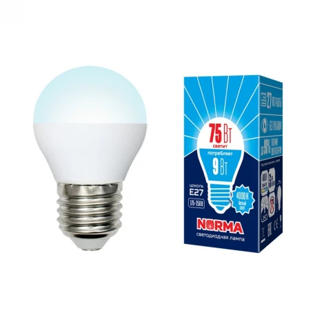 Лампочка светодиодная шар белая E27 9W 4000K Volpe LED-G45-9W/NW/E27/FR/NR