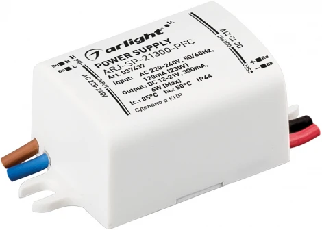 Блок питания ARJ-SP-21300-PFC (6W, 12-21V, 300mA) (Arlight, IP44 Пластик, 5 лет) 037437