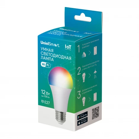 Умная лампа светодиодная Wi-Fi Bluetooth, диммируемая, матовая, 2700-6500K+RGB. Голосовое управление приложение UnielSmart Uniel LED-A60-12W/RGBW/E27/230V/WF/FR PLS80WH