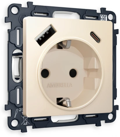 Комплект механизма Ambrella Volt электрической розетки ALFA MA330010 Бежевый матовый 2USB A+C 20W быстрая зарядка с заземлением со шторками 2P+E 16A-250V QUANT