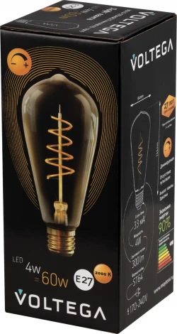Лампочка светодиодная груша кофейная колба E27 4 Вт 300 lm 2000K теплое желтое свечение диммируемая Voltega Loft LED 7077