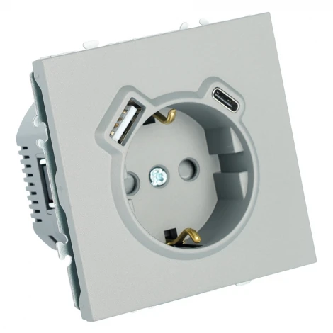 Розетка с заземлением и шторками с USB Type A+С (платиново-серый, soft touch) Stekker Эмили 50219