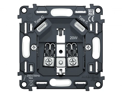 Механизм электрической розетки с заземлением с быстрой зарядкой 2хUSB Type-С встраиваемый (серый) Ambrella Volt QUANT VM165