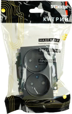 Розетка двойная без заземления со шторками (графит) Stekker Катрин 49421