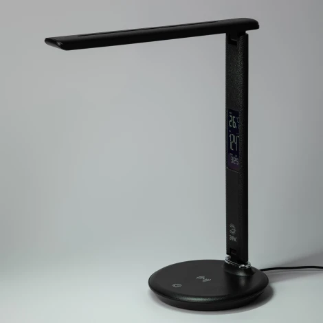 Офисная настольная лампа светодиодная складываемая с термометром будильником часами календарем с регулировкой цветовой температуры яркости и беспроводным ЗУ ЭРА NLED-505-10W-BK (220V, сенсорный выключатель)