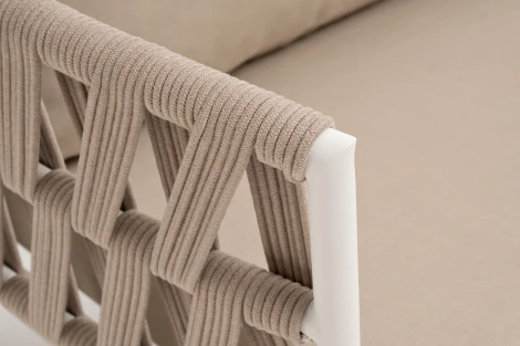 "Диего" диван 2-местный плетеный из роупа, каркас алюминий белый муар, роуп бежевый круглый, ткань бежевая 035 4SIS арт.УТ-00006212