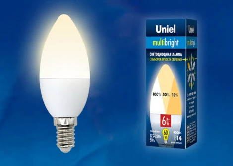 Лампочка светодиодная свеча белая E14 6W 3000K Uniel LED-C37-6W/WW/E14/FR/MB PLM11WH