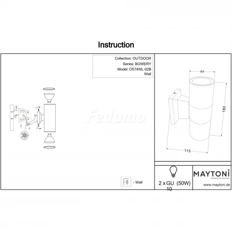 Настенный светильник уличный Maytoni Bowery O574WL-02B (220V, IP54)