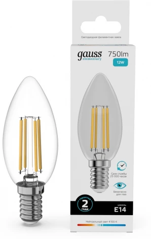 Лампочка светодиодная филаментная Gauss Filament Elementary 32122 Свеча 12W 750lm 4100К Е14 LED