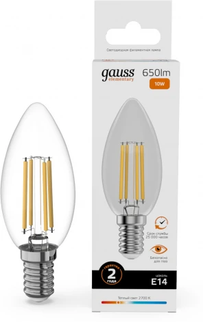 Лампочка светодиодная филаментная Gauss Filament Elementary 32110 Свеча 10W 650lm 2700К Е14 LED