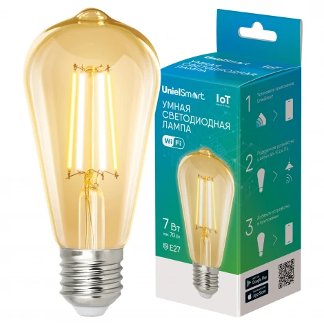 Умная лампа светодиодная Wi-Fi Bluetooth, диммируемая. Форма "конус", золотистая, 2700-6500K. Голосовое управление приложение UnielSmart Uniel LED-ST64-7W/SW/E27/230V/WF GLS82GO