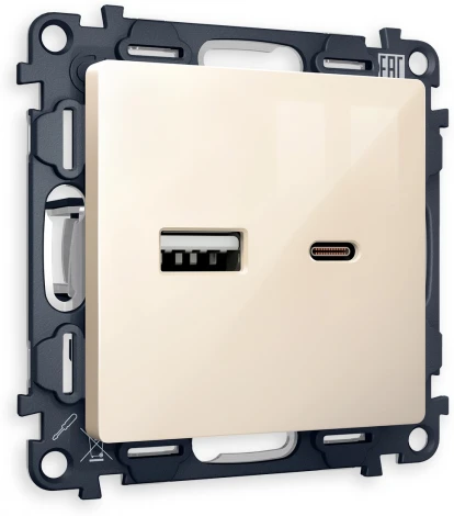 Комплект механизма Ambrella Volt розетки ALFA MA311010 Бежевый глянец 2USB A+C 20W быстрая зарядка QUANT