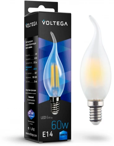 Лампочка светодиодная свеча на ветру белая колба E14 6 Вт 570 lm 4000K нейтральное белое свечение Voltega Crystal 7026