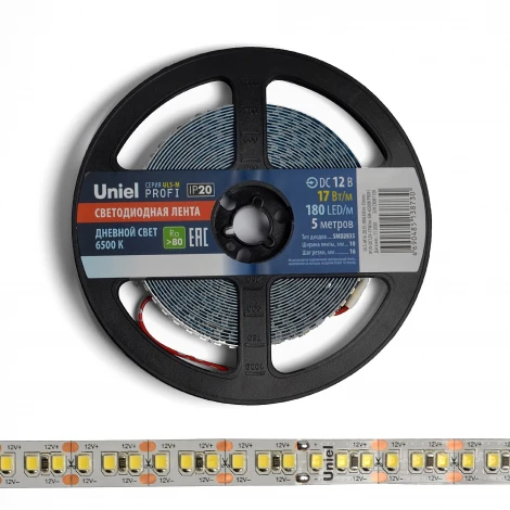 Светодиодная лента Uniel ULS-M16-2835-180LED/m-10mm-IP20-DC12V-17W/m-5M-6500K PROFI катушка в герметичной упаковке