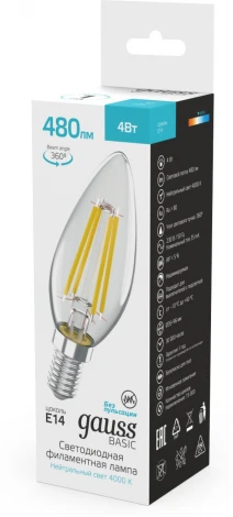 Лампочка светодиодная филаментная Gauss Filament 50312242 Свеча 4W 480lm 4000K E14 LED