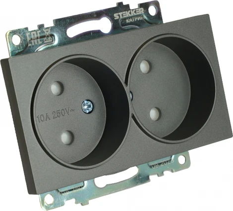 Розетка двойная без заземления со шторками (графит) Stekker Катрин 49421