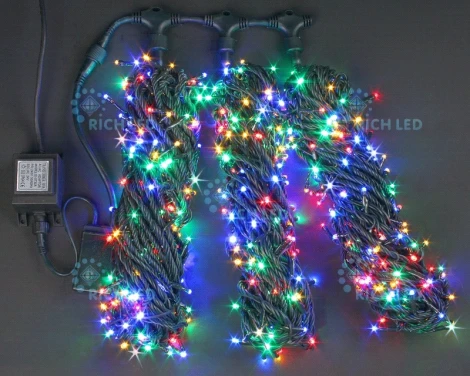 Гирлянда светодиодная разноцветная с мерцанием 24B, 600 LED, провод зеленый, IP54 RL-S3*20F-G/M Rich LED