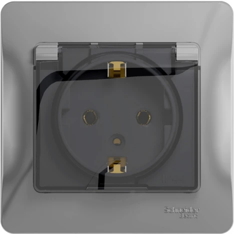 Розетка встраиваемая с заземлением, шторками и крышкой (алюминий) Systeme Electric Glossa GSL000346