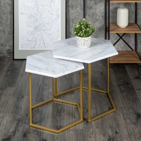 Стол журнальный МеталлАрт М003 белый мрамор/золото Mebelik 009503