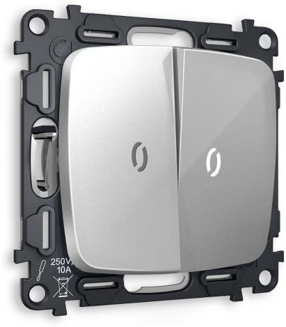 Комплект механизма Ambrella Volt 2-клавишного проходного выключателя с подсветкой 5600K OMEGA MO404035 Серебро глянец QUANT