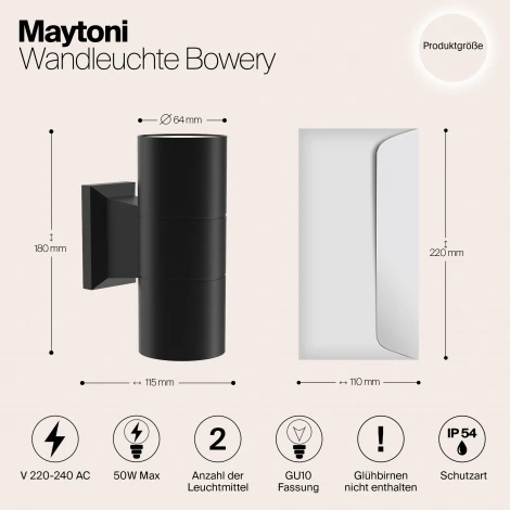 Настенный светильник уличный Maytoni Bowery O574WL-02B (220V, IP54)