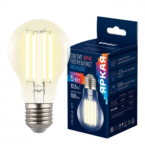Лампа светодиодная, прозрачная, теплый белый свет 3000K Uniel Яркая A++ LED-A60-5W/3000K/E27/CL GLY01TR