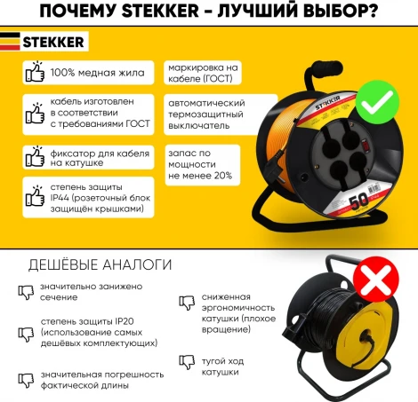 Удлинитель 4-х местный с заземлением 50 метров на пластиковой катушк Stekker Standart 39709