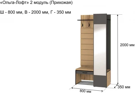 Прихожая с зеркалом Ольга Лофт 2, Дуб крафт золотой/Темно-серый, Ивару