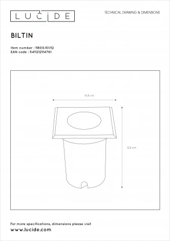 Встраиваемый светильник уличный Lucide Biltin 11800/01/12 (220V, IP67)