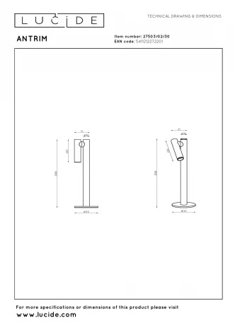 Настольная лампа светодиодная с выключателем IP54 Lucide Antrim 27503/02/30
