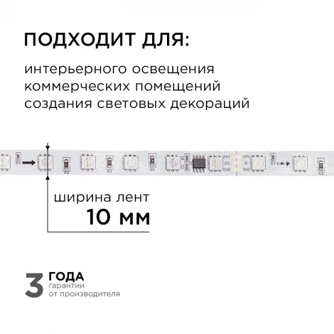 Комплект адресной светодиодной ленты 24В 14,4Вт/м SMD5050 60д/м IP20 ширина подложки 10мм(белая) 2м, RGB с аксессуарами Apeyron 10-91