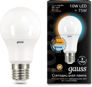 Лампочка светодиодная E27 10 Вт 630 lm 2700K теплое/нейтральное желтое/белое свечение Gauss 102502110-T