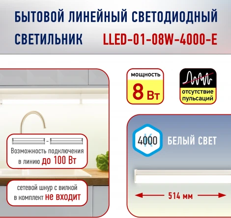 Настенно-потолочный линейный светильник светодиодный ЭРА LLED-01-08W-4000-E (220V)