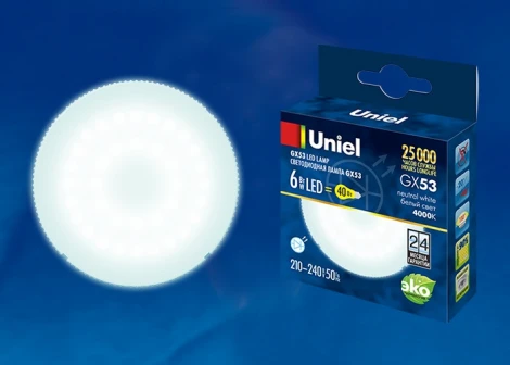 Лампочка светодиодная таблетка белая GX53 6W 4000K Uniel LED-GX53-6W/NW/GX53/FR PLZ01WH