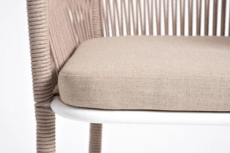 "Марсель" стул барный плетеный из роупа, каркас из стали белый муар, роуп бежевый круглый, ткань бежевая 15052 4SIS арт.УТ-00011261