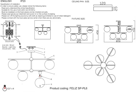 Потолочная люстра на штанге FELIZ SP-PL6 BRONZE/WHITE Crystal Lux (220V, шар, молекулы)