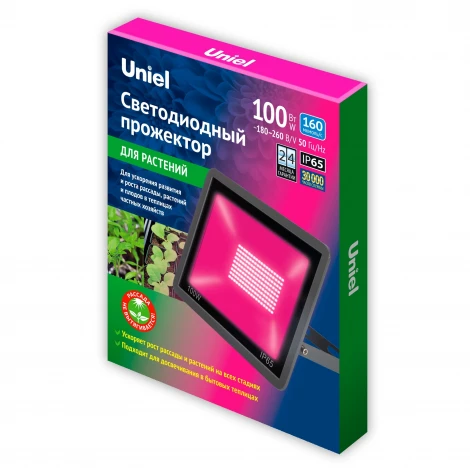 Прожектор уличный светодиодный для растений, спектр для рассады и досвечивания в период роста Uniel ULF-P42-100W/SPBR IP65 180-260V BLACK картон