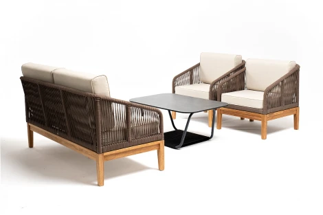 "Канны" лаунж-зона 4-местная из роупа со столом "Гранада" (серый гранит), основание дуб, роуп коричневый, ткань бежевая 4SIS арт.УТ-00004762