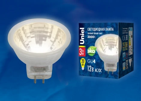 Лампочка светодиодная полусфера белая GU4 3W 3000K Uniel LED-MR11-3W/WW/GU4 GLZ21TR