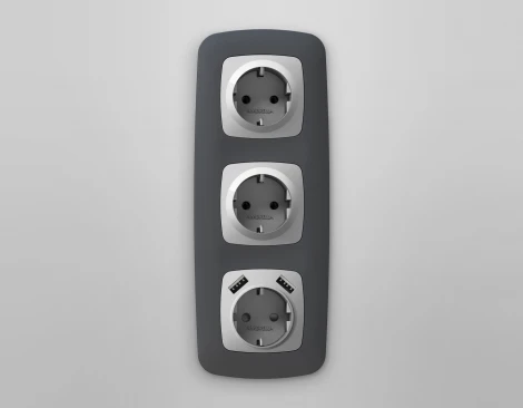 Лицевая панель Ambrella Volt OMEGA (Серебро глянец) для электрической розетки с заземлением со шторками 2USB A+A QUANT OP4090