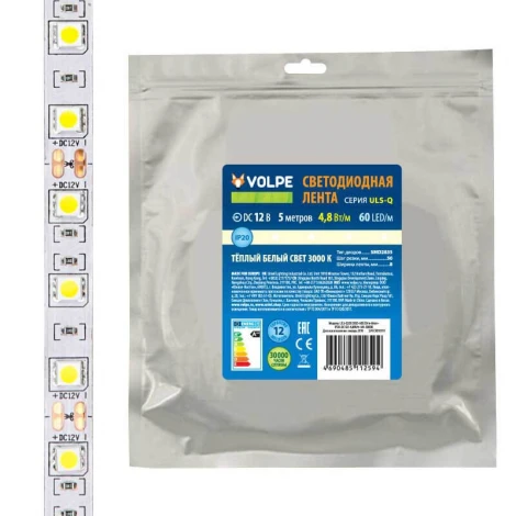 Светодиодная лента Volpe ULS-Q320 2835-60LED/m-8mm-IP20-DC12V-4,8W/m-5M-3000K катушка в герметичной упаковке
