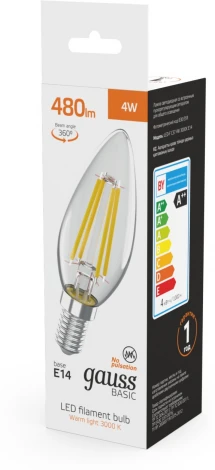 Лампочка светодиодная филаментная Gauss Filament 50312142 Свеча 4W 480lm 3000K E14 LED