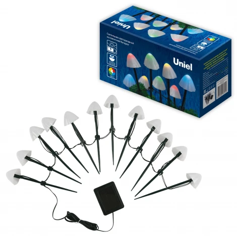 Садовый светильник на солнечной батарее «Разноцветные грибы», в комплекте из 12 штук. 12 светодиодов, разноцветный свет. 1*АA Ni-Mh аккумулятор в/к. IP44 Uniel USL-S-830/PM020 MULTICOLOR MUSHROOMS SET12